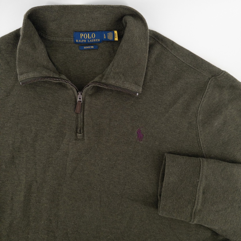 Polo Ralph Lauren Mens Large Estate Rib Quarter Zip Pullover Olive Green Sweater